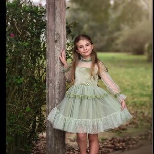 Trish Scully Green Tulle Dress with Ruffle Details